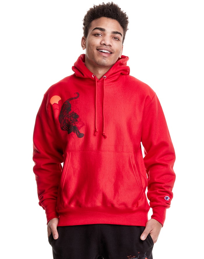 Champion Mens Hoodie NZ - Reverse Weave Sprawling Tiger Red ( 1382-VWMBQ )